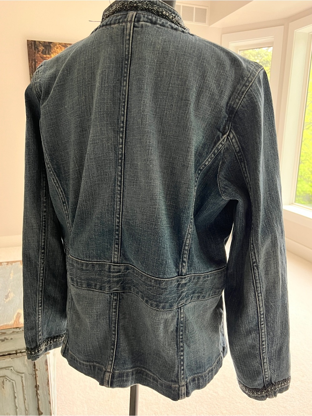 Washed Blue Denim Jacket with Bead-Trim Stand Collar - Picture 10 of 15